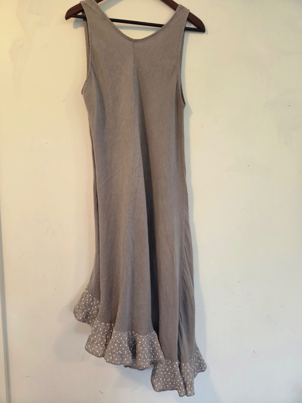 Made in Italy 100% LINEN brown midi dress polkadots sleeveless ruffle coastal - Picture 5 of 7